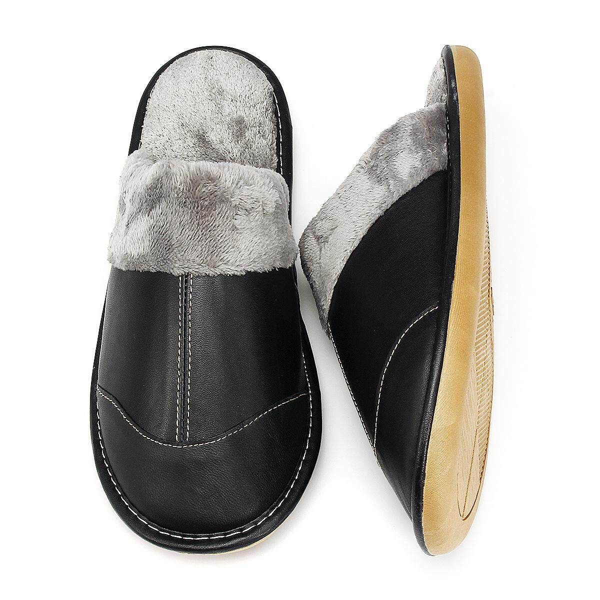 Men's Winter Warm Fuzzy Lamb Leather House Slipper Fleece Lined Home Casual Black 27 (39-40 Yards)