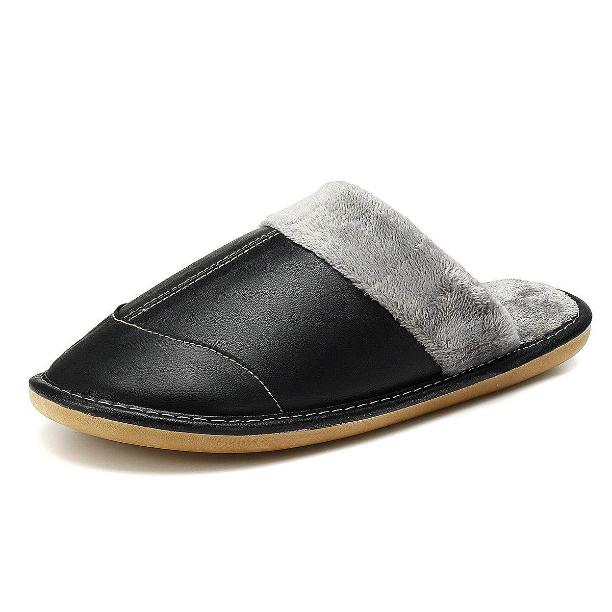 Men's Winter Warm Fuzzy Lamb Leather House Slipper Fleece Lined Home Casual Black 27 (39-40 Yards)
