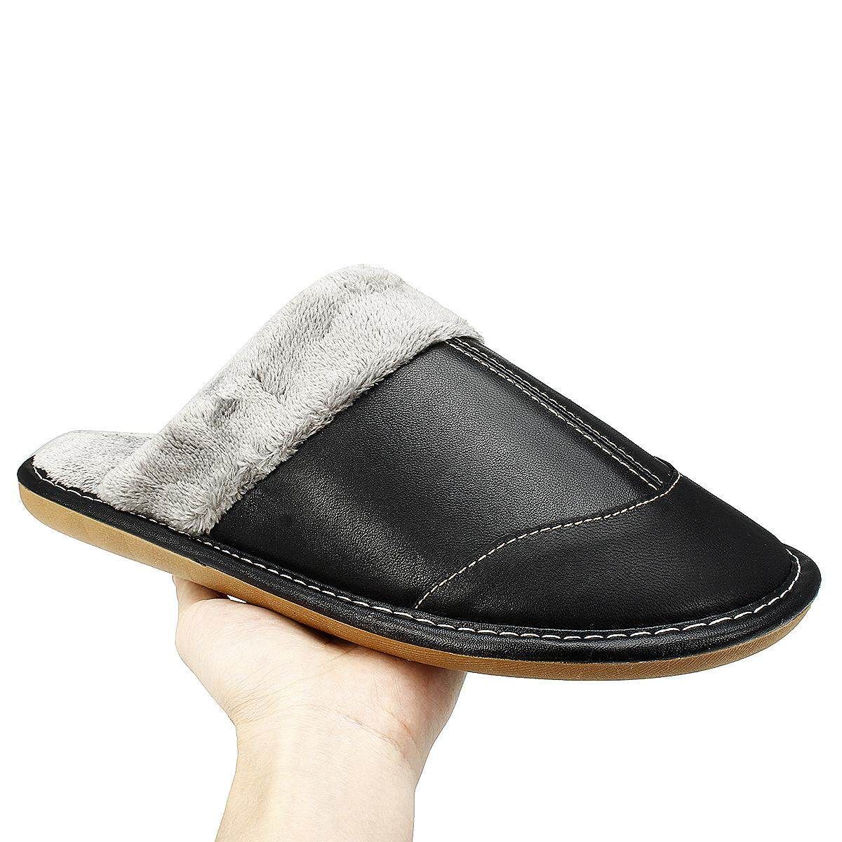 Men's Winter Warm Fuzzy Lamb Leather House Slipper Fleece Lined Home Casual Black 27 (39-40 Yards)