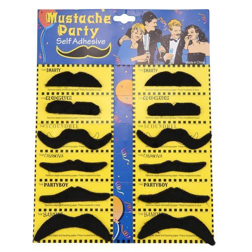12 Pack Self Adhesive Assorted Fake Moustache / Mustache
