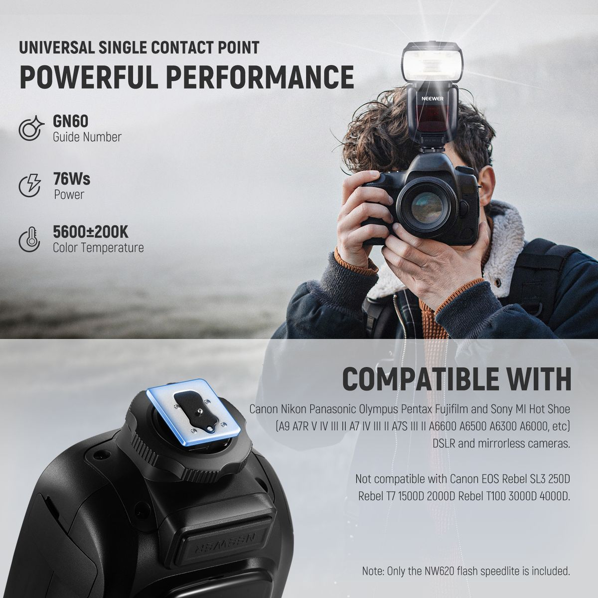 NW620 GN60 Speedlite Flash For Canon Nikon Panasonic Olympus Pentax Fijifilm DSLRs And Mirrorless Cameras And Sony With Mi Hot Shoe Like A9 A7 A7II A7III A7R III A7RII A7SII A6000 A6300 A6500