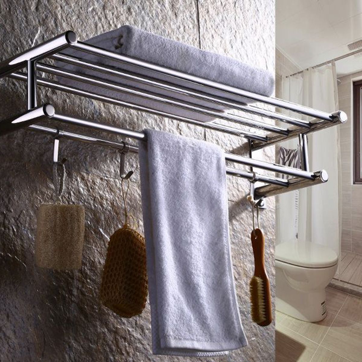 Bath Towel Rack Double Layered Bathroom Shelves With 4