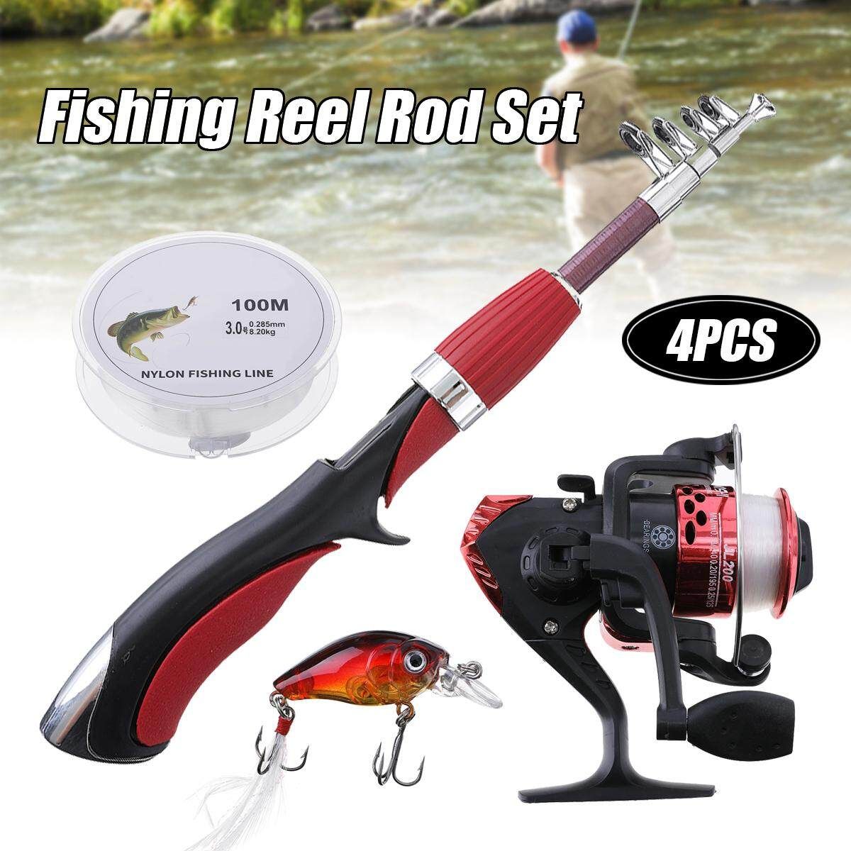 [ Reel+ Rod+ Line+ ] 4pcs Spinning Reel Rod Gear Pole Set Kit 100M Line Hook Jig Head