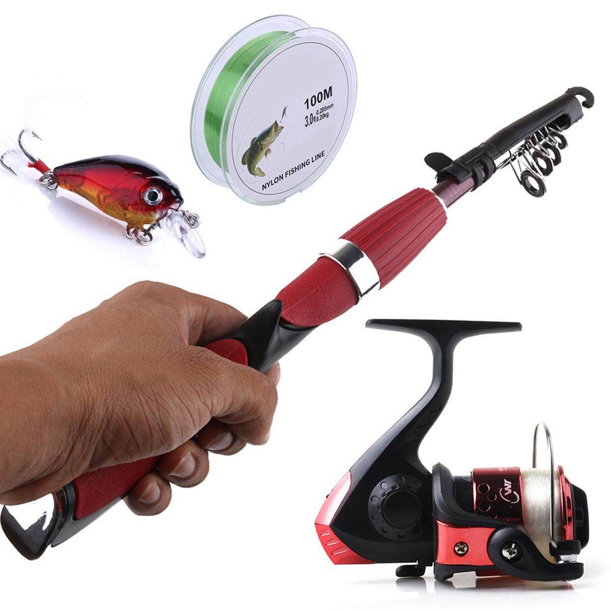 [ Reel+ Rod+ Line+ ] 4pcs Spinning Reel Rod Gear Pole Set Kit 100M Line Hook Jig Head