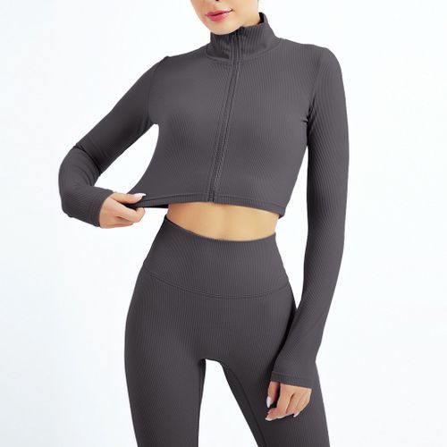 Zipper Stand Collar Striped Sports Jacket Running Tight Nude Yoga Top-Dark Gray