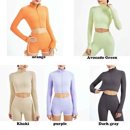 Zipper Stand Collar Striped Sports Jacket Running Tight Nude Yoga Top-Dark Gray