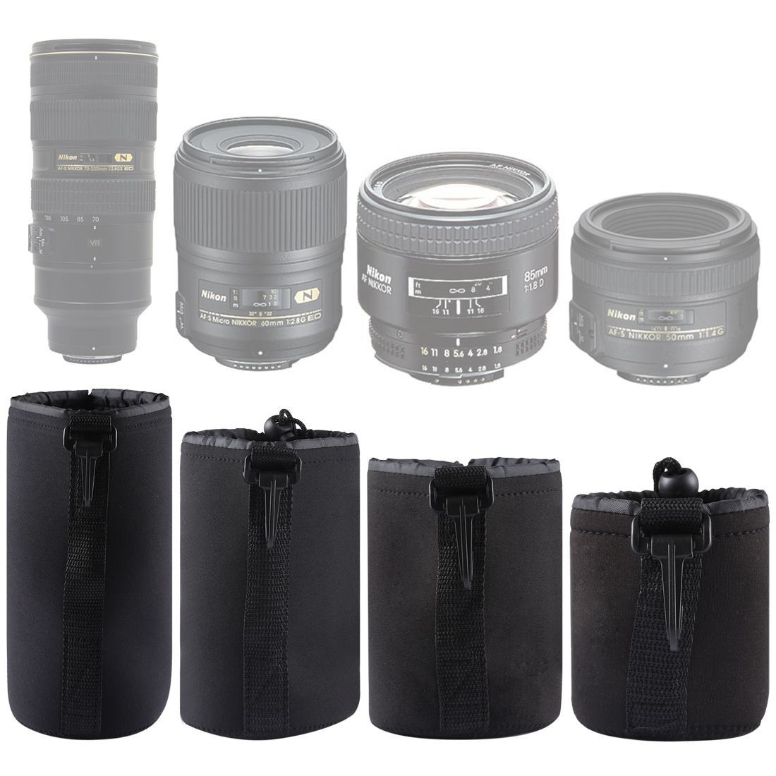 4 PCS Neoprene SLR Camera Lens Carrying Bag Pouch Bag With Carabiner, Size: 10x22cm, 10x14cm, 10x18cm, 8x10cm