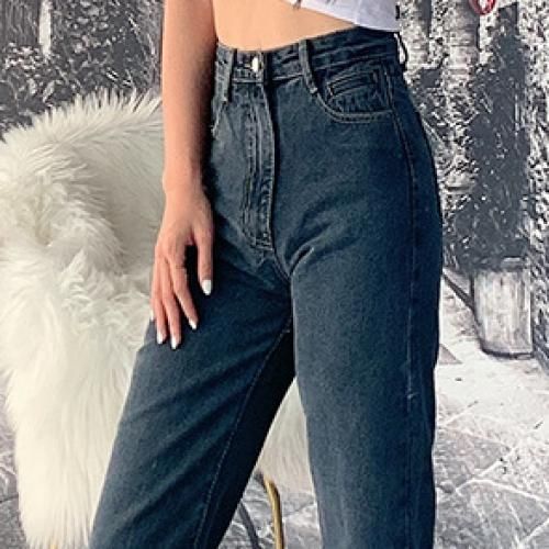 Ladies Jeans Fashion High Waist Straight Pants-Black L