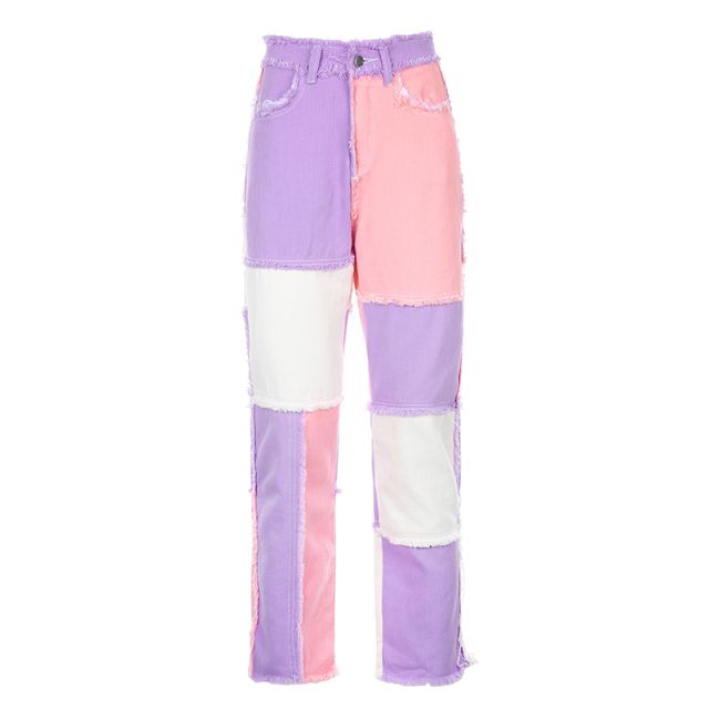 Patchwork Straight Women's Jeans Baggy Vintage High Waist Boyfriends Explosive