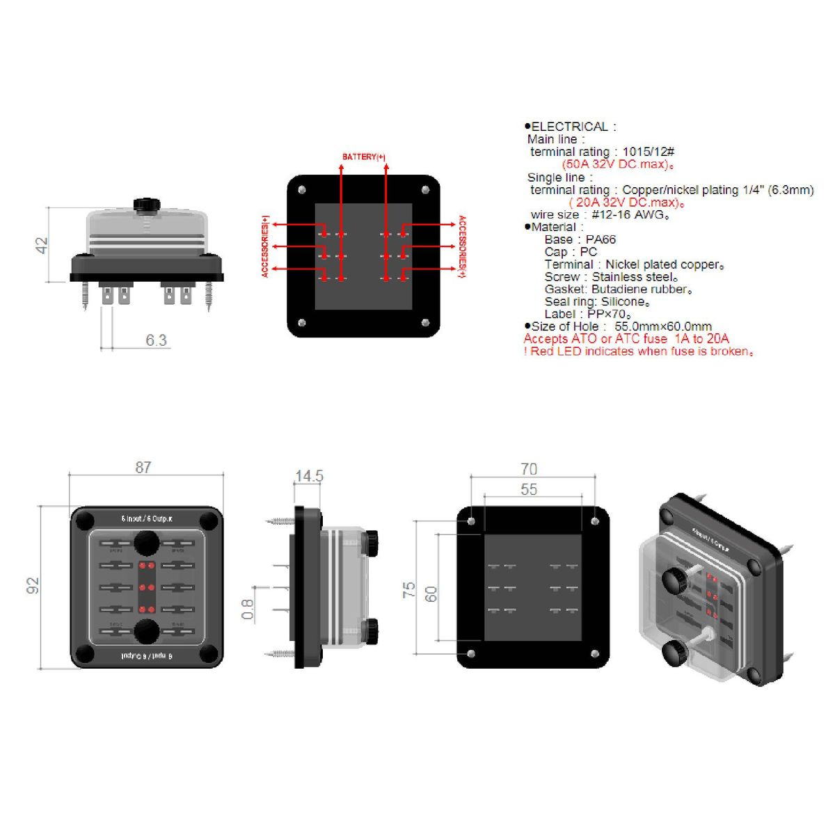 6 Way Fuse Block with Warning LED Indicator ATO/ATC Blade Fuses 6 Input/Output Waterproof for Car Truck Boat