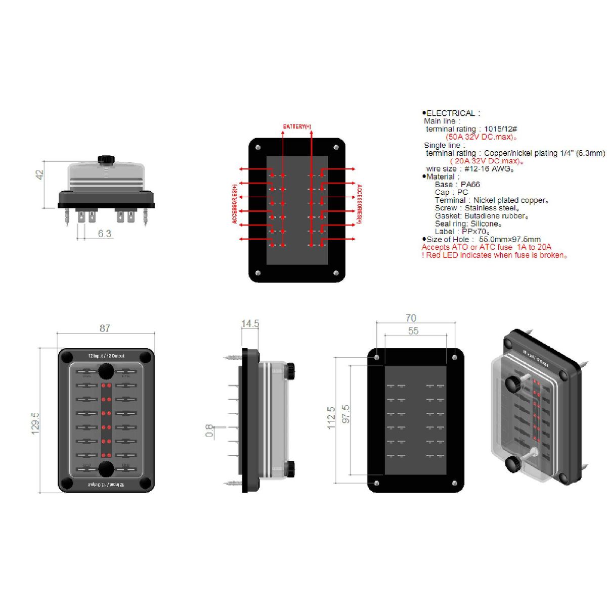12 Way Fuse Block with Warning LED Indicator 16 Fuses ATO/ATC Blade Fuses 12 Input/Output Waterproof for Car Truck Boat