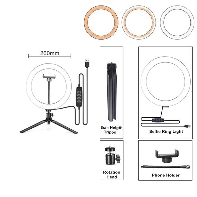 10 Inch LED Ring Selfie Light Dimmable Photography Lighting Kit USB Rechargeable Light with Tripod for Live Video
