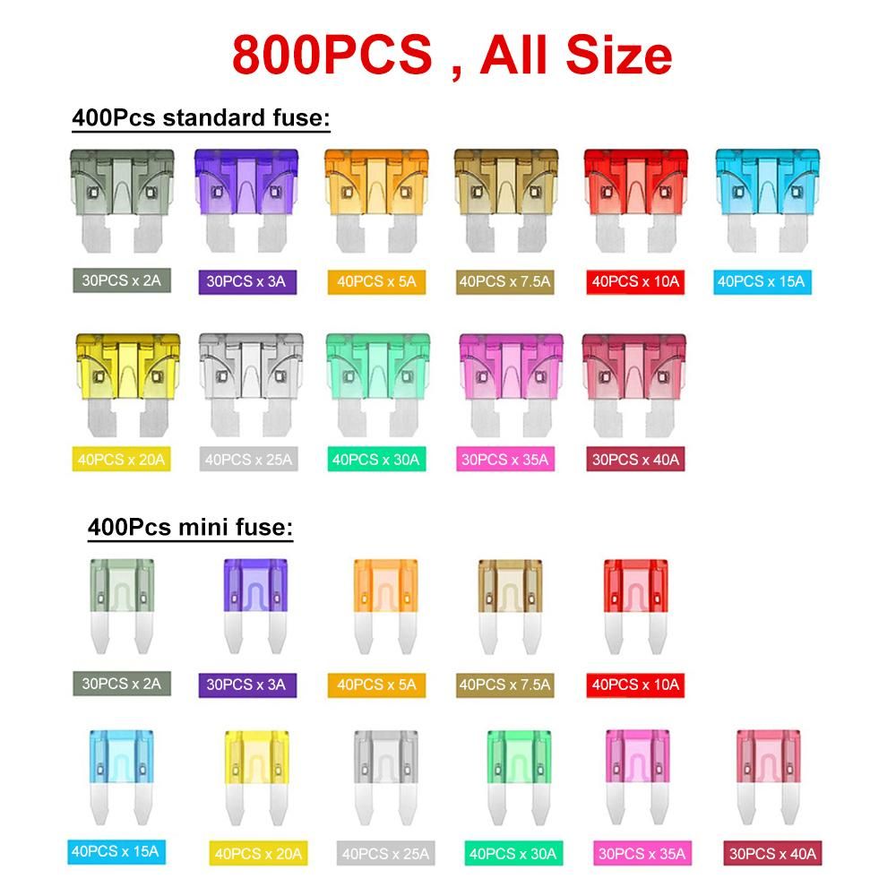 800pcs Car Blade Fuse Assortment Assorted Kit Mini Standard Size Blade Set Auto Truck Automotive Fuse With Storage Box