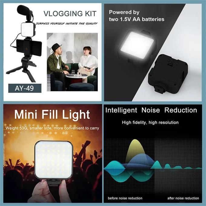 AY49 Smartphone Vlog Kit With LED Video Light 5600K+Cardioid Microphone+Extendable Phone Clip+Tripod