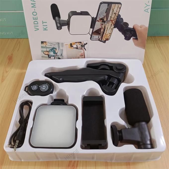 AY49 Smartphone Vlog Kit With LED Video Light 5600K+Cardioid Microphone+Extendable Phone Clip+Tripod