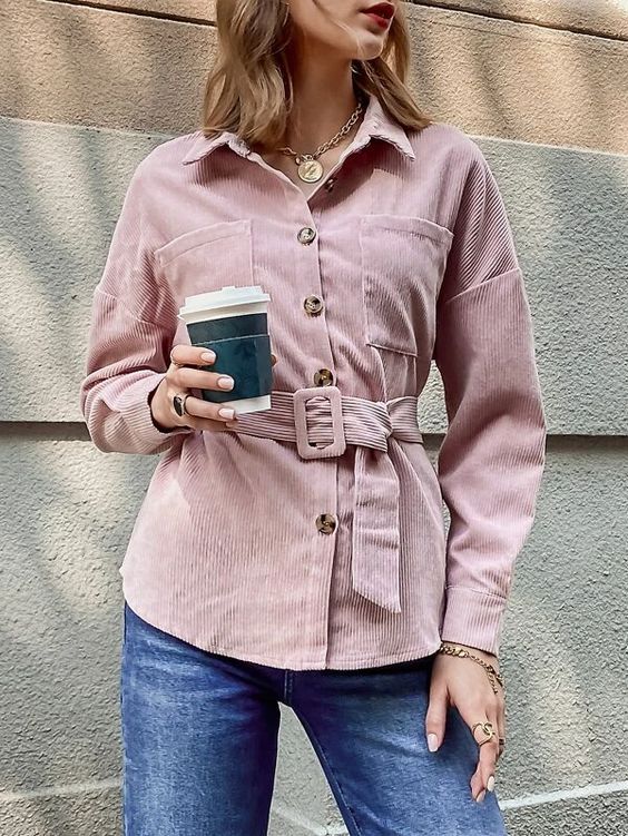 Women Casual Long Sleeve Corduroy Plain Non-Stretch Oversize Shirt -  Baby Pink