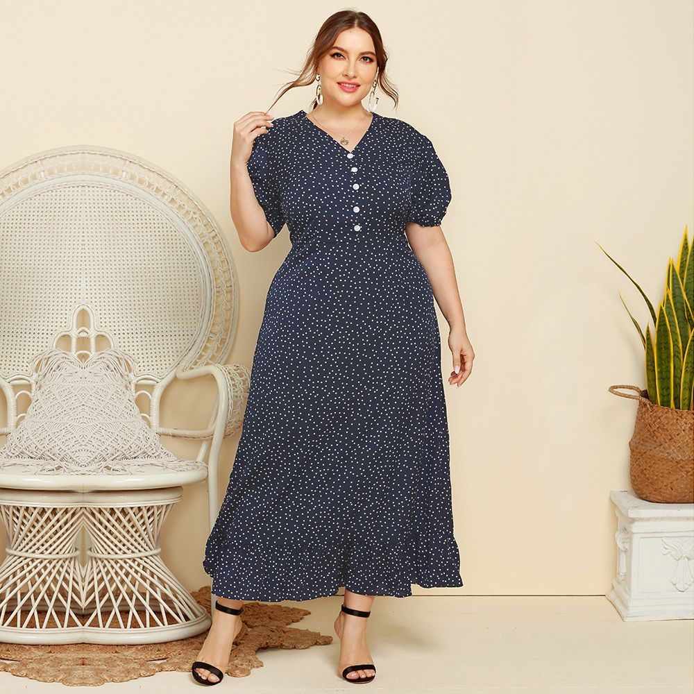 XL-4XL Women Polka Dotted V Neck Short Sleeves Plus Size Long Dress Blue 3006