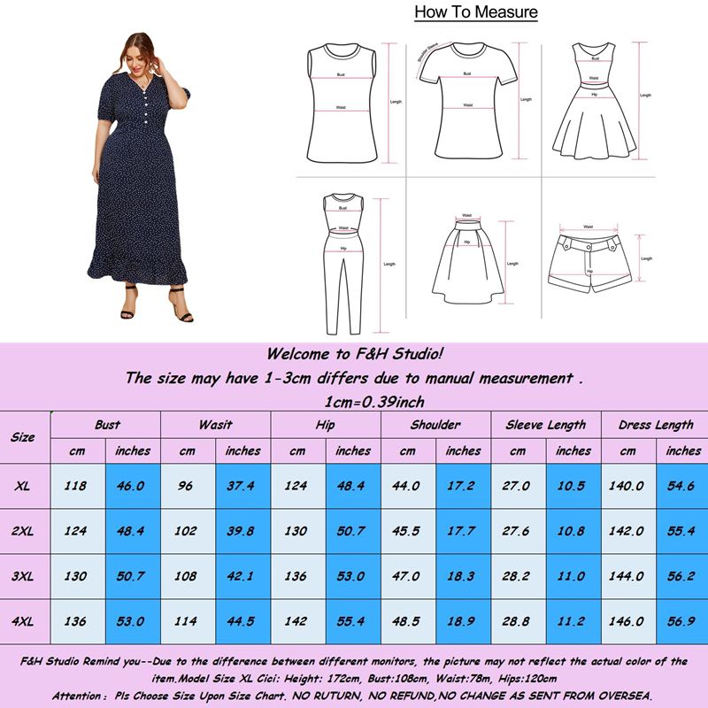 XL-4XL Women Polka Dotted V Neck Short Sleeves Plus Size Long Dress Blue 3006