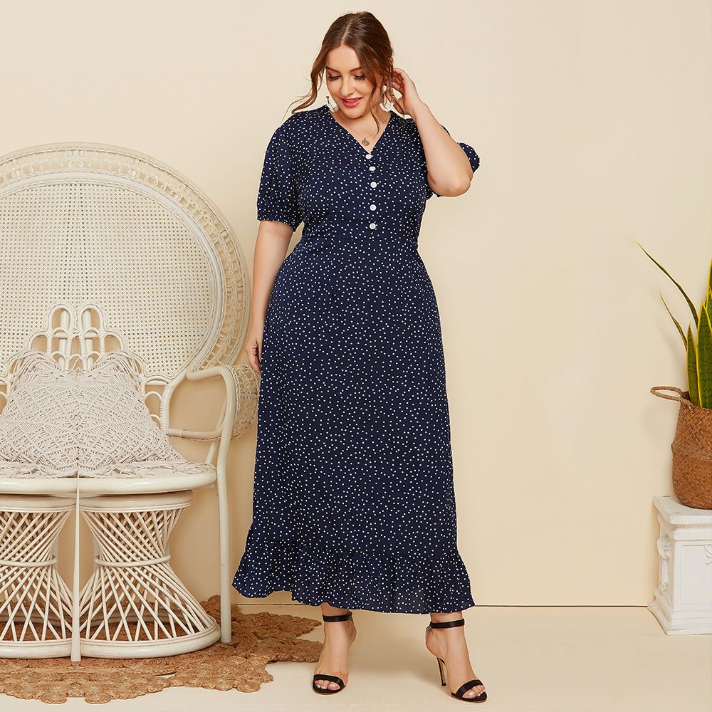 XL-4XL Women Polka Dotted V Neck Short Sleeves Plus Size Long Dress Blue 3006
