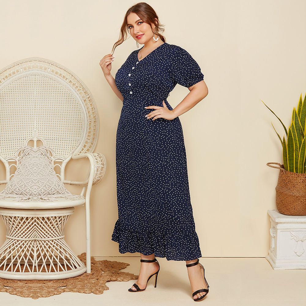 XL-4XL Women Polka Dotted V Neck Short Sleeves Plus Size Long Dress Blue 3006