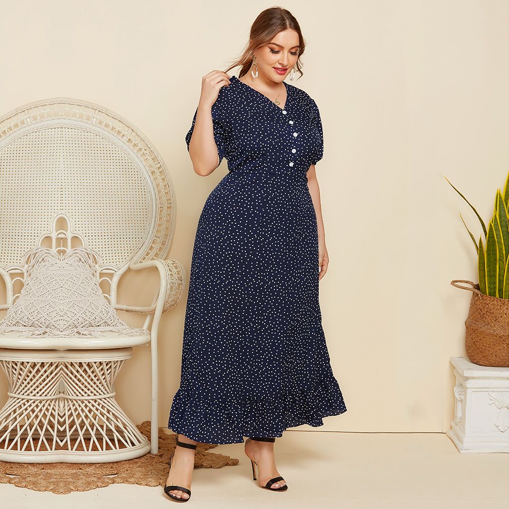 XL-4XL Women Polka Dotted V Neck Short Sleeves Plus Size Long Dress Blue 3006