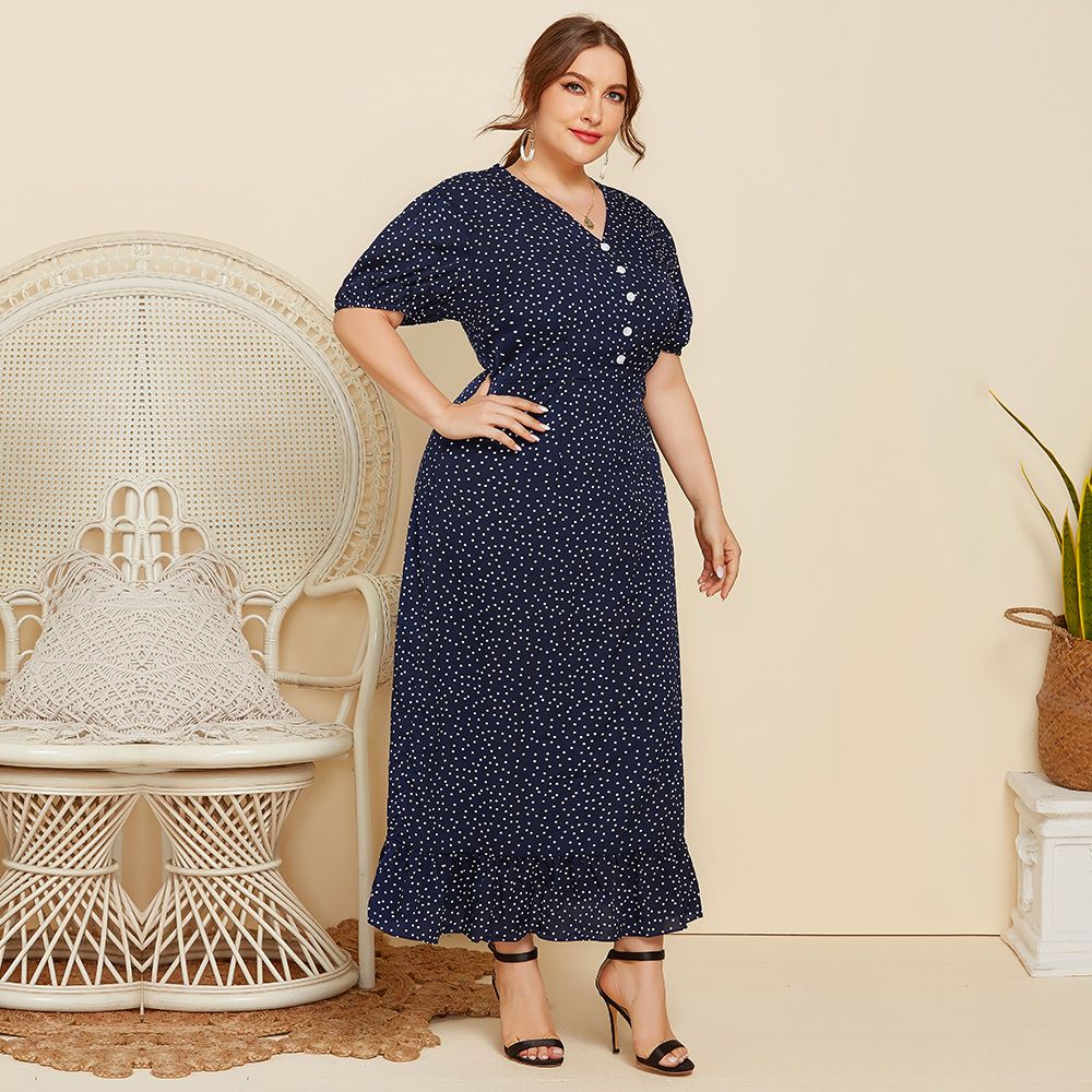 XL-4XL Women Polka Dotted V Neck Short Sleeves Plus Size Long Dress Blue 3006