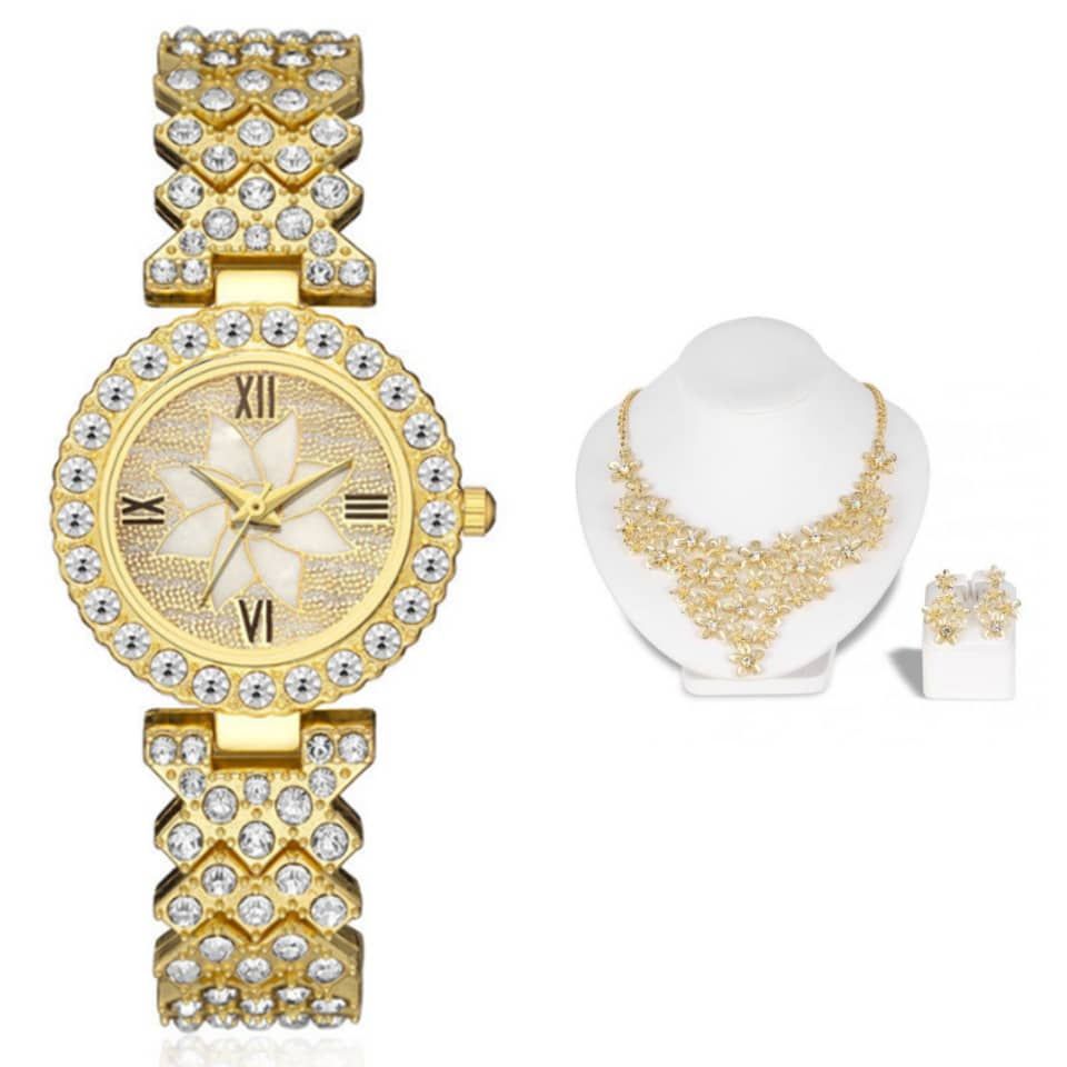 Ice Rhinestone Women Wrist Watch And Jewelry Set-Gold