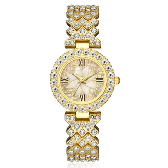 Ice Rhinestone Women Wrist Watch And Jewelry Set-Gold