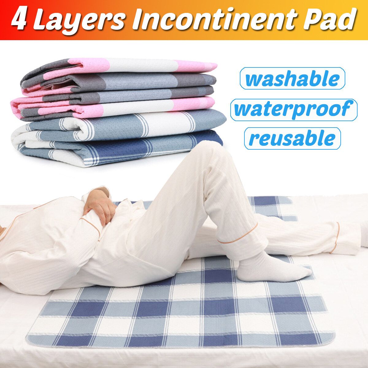 Washable Reusable Waterproof Underpad Bed Pad Incontinence Mattress Protector Blue 60x90cm