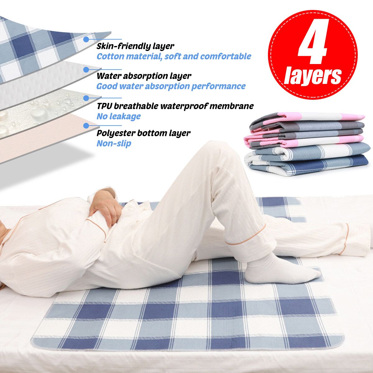 Washable Reusable Waterproof Underpad Bed Pad Incontinence Mattress Protector Blue 60x90cm