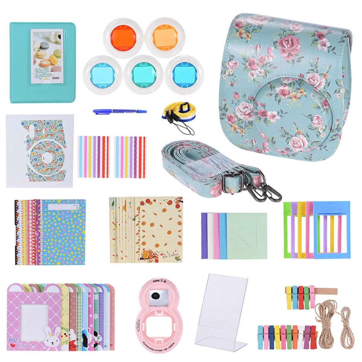 Andoer 14 in 1 Accessories Kit Replacement for Fujifilm Instax Mini 8/8+/8s/9 w/ Camera Case/Strap/Sticker/Selfie Lens/5*Colored Filter/Album/3 Kinds Film Table Frame/10*Wall Hanging Frame/40*Border Sticker/2*Corner Sticker/P
