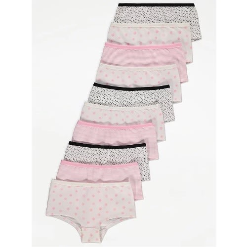 Polka Dot & Striped Print Short Knickers - 10 Pack