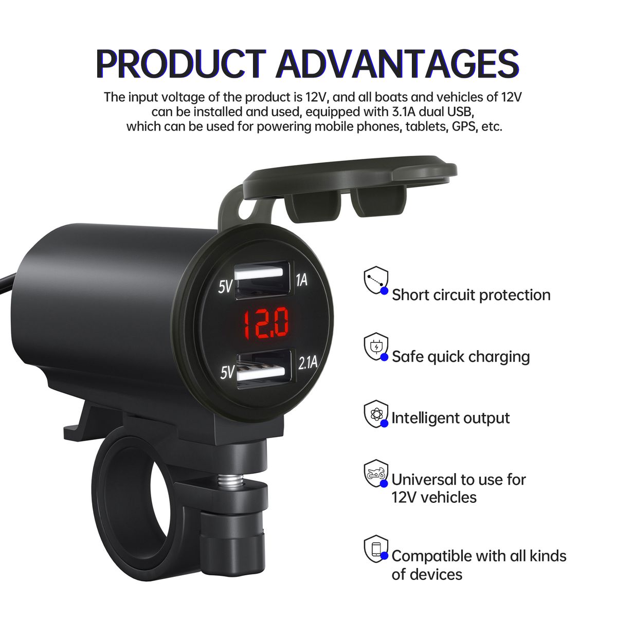 Motorcycle Dual USB Charger, 12V 3.1A Waterproof USB Adapter