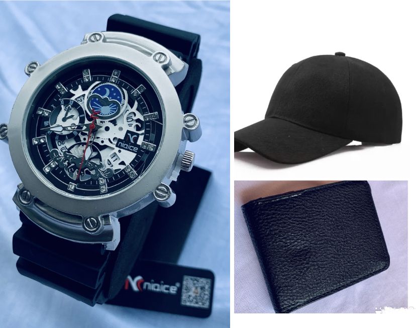 BUSINESS QUARTZ MENS WRISTWATCH + WALLET AND CAP