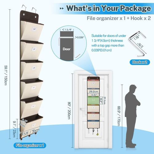 Over The Door File Organizer 6 Large Pocket Hanging File Folder Document Wall Mount Storage Holder For Magazine Notebook Beige