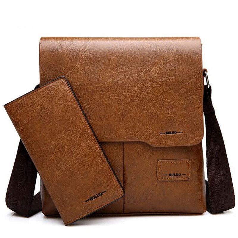 2 Set Men Leather Shoulder Bags Money Wallet  Male Carossbody Handbag Khaki