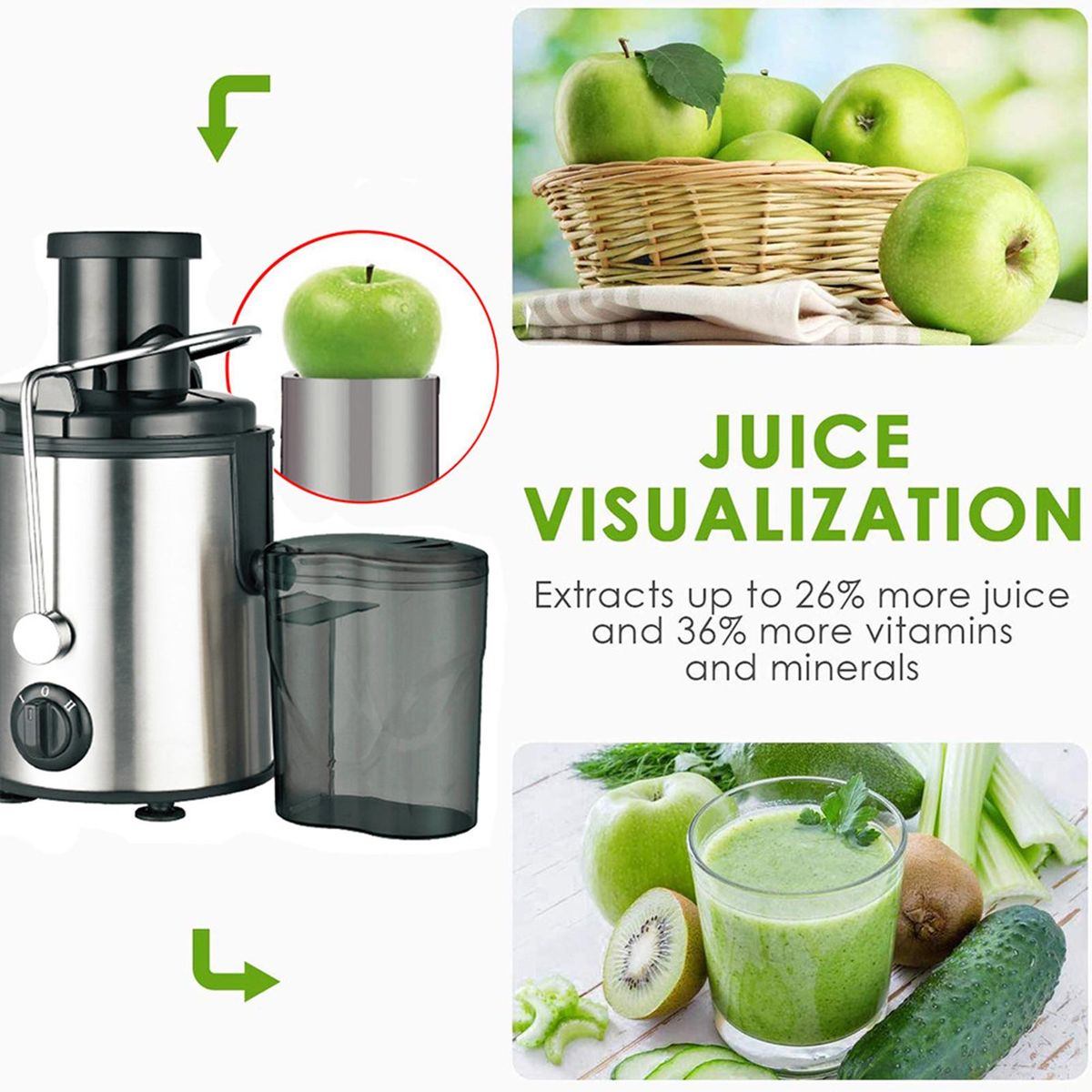 Juicer Machines Extractor 800W Centrifugal Juicers Electric Anti-Drip 2 Speed Adjustable with Juice Jug and Pulp Container for Fruit Vegetable