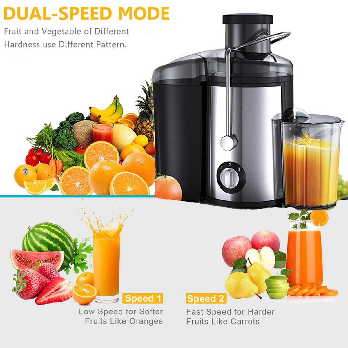Juicer Machines Extractor 800W Centrifugal Juicers Electric Anti-Drip 2 Speed Adjustable with Juice Jug and Pulp Container for Fruit Vegetable