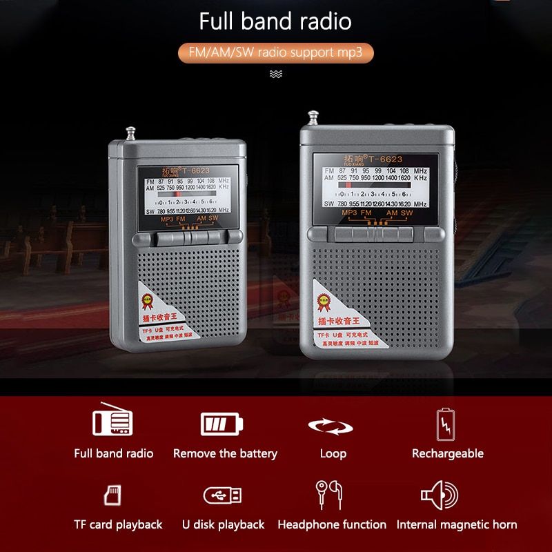 Full Band Radio FM AM SW Radio World Receiver With Display Speaker 88-108MHz Support TF Card Headphone Jack Mini Pocket Radio
