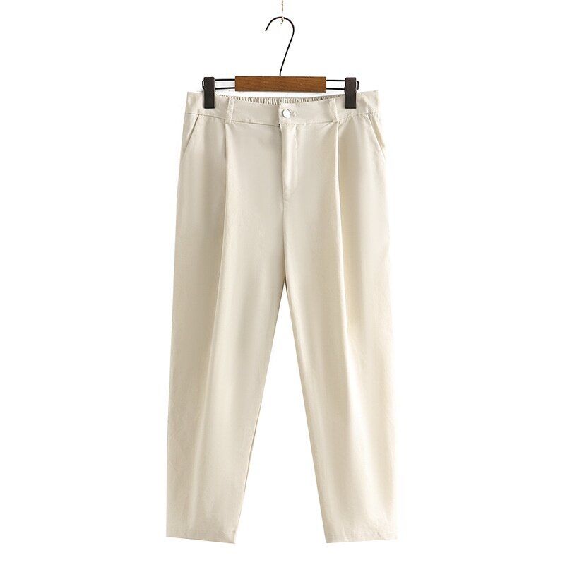 (Beige)Plus Size XL-4XL Women's Solid Color Black Pants Elastic Waist Ladies' Office-wear Ankle Trousers SAB