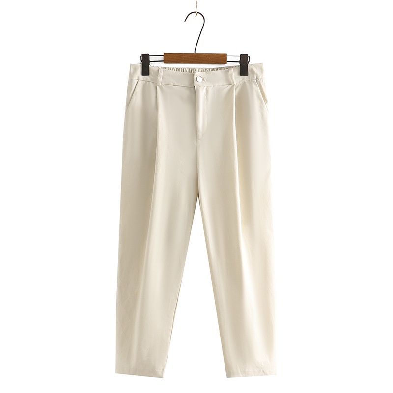 (Beige)Plus Size XL-4XL Women's Solid Color Black Pants Elastic Waist Ladies' Office-wear Ankle Trousers SAB