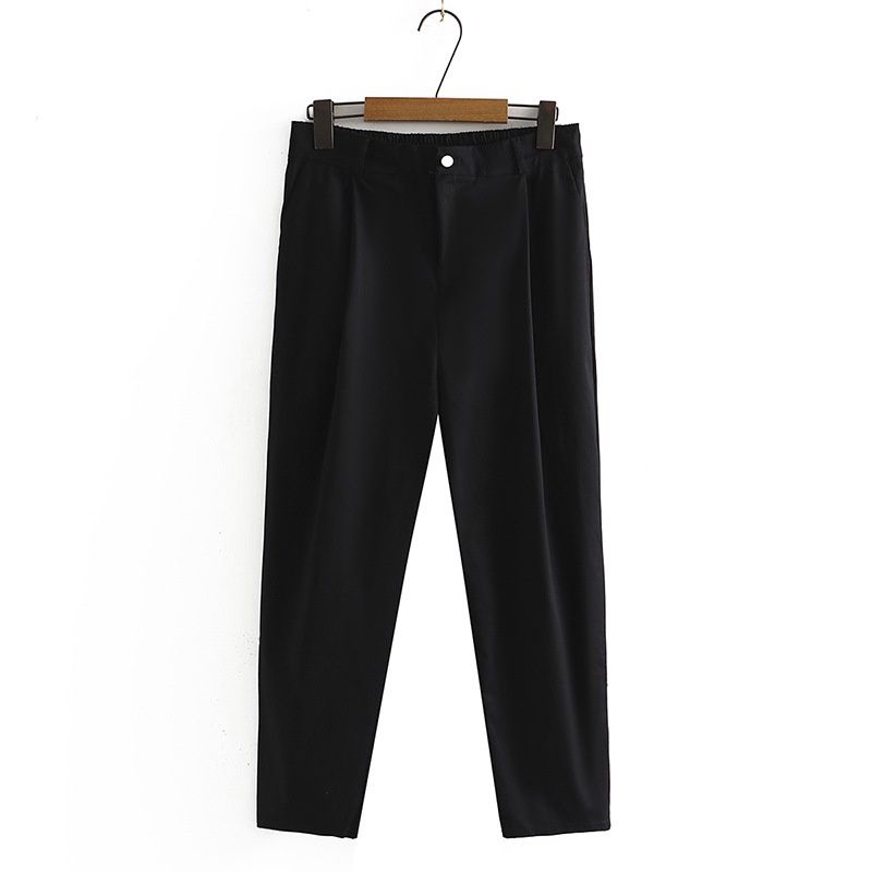 (Beige)Plus Size XL-4XL Women's Solid Color Black Pants Elastic Waist Ladies' Office-wear Ankle Trousers SAB