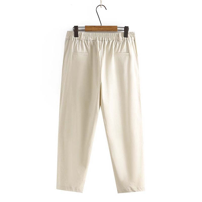 (Beige)Plus Size XL-4XL Women's Solid Color Black Pants Elastic Waist Ladies' Office-wear Ankle Trousers SAB
