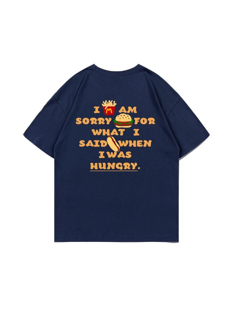 I Navy Blue White Shoulder Slimming Short Sleeve T-shirt for Women Male Letter Printed Ins Trendy Fun Casual Half Sleeve