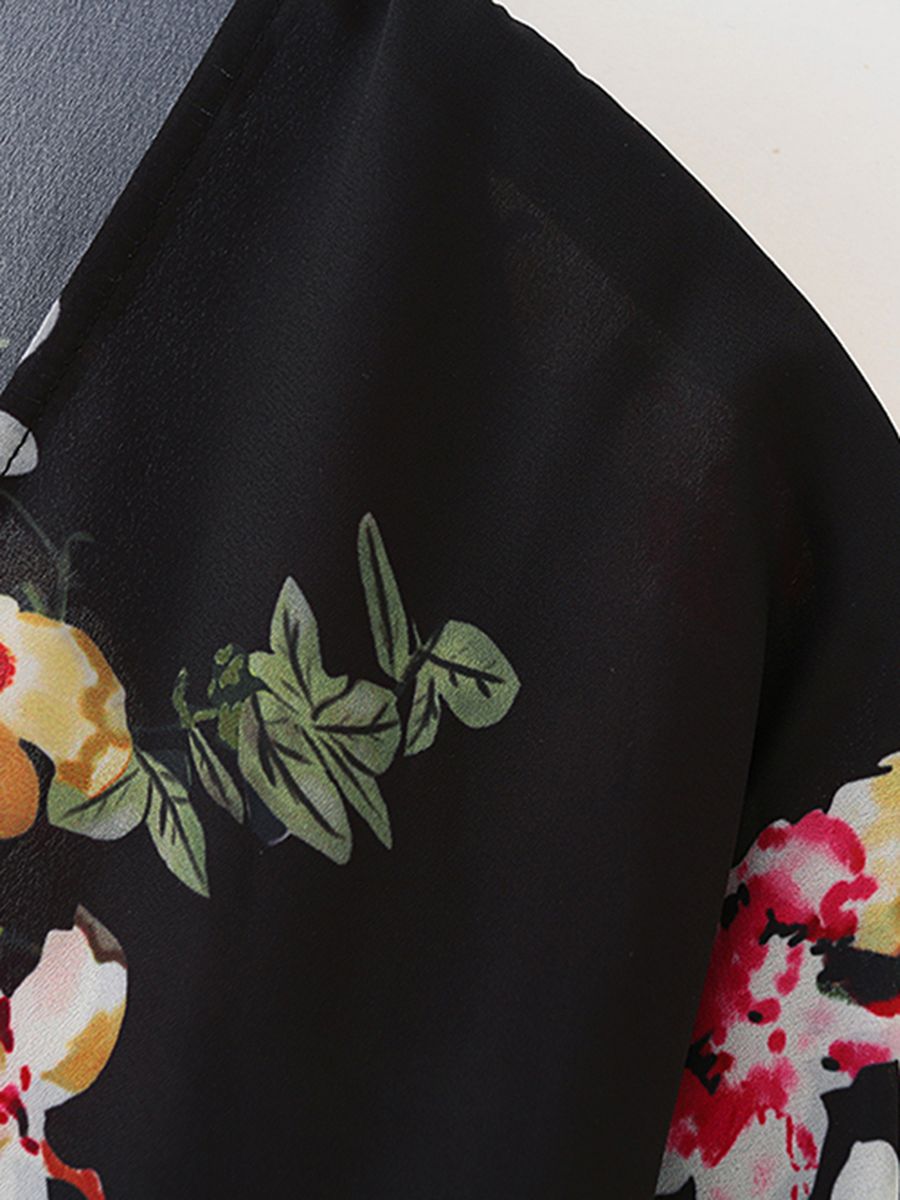 Women Cover Up Colorful Floral Leaves Print Open Front Wide