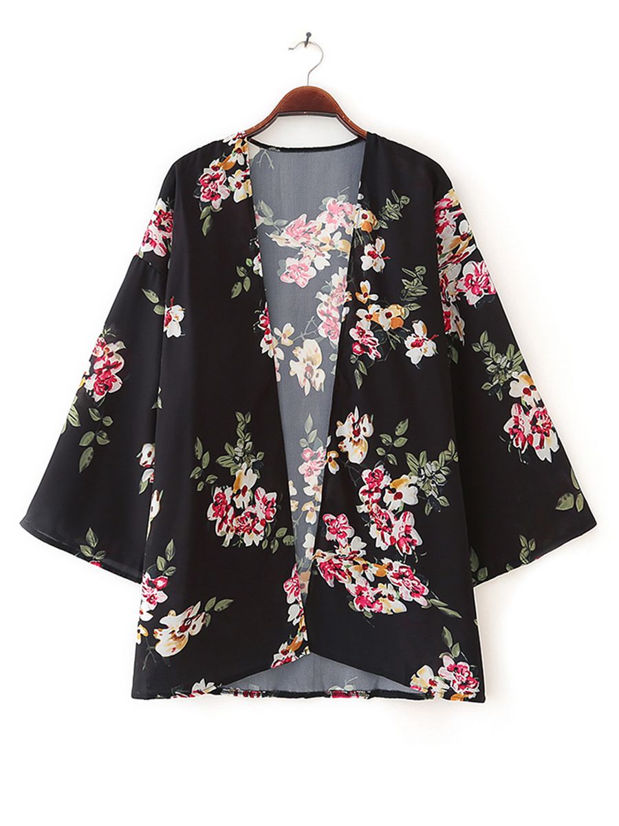 Women Cover Up Colorful Floral Leaves Print Open Front Wide
