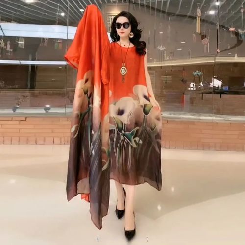 Silk Dress Two-Piece Women's Elegant Floral Plus Size Dress Casual Beach Vintage Long Dress Mother Dress 2021 Summer New Fashion