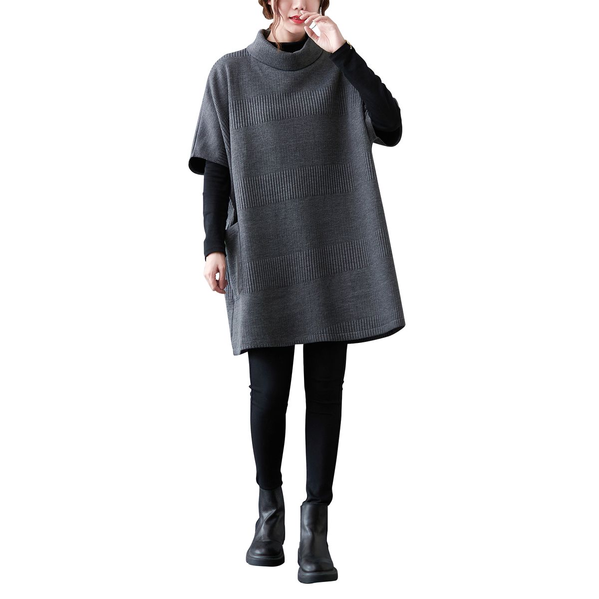 Women Sweater With Pocket Turtleneck Half Sleeves Knitted