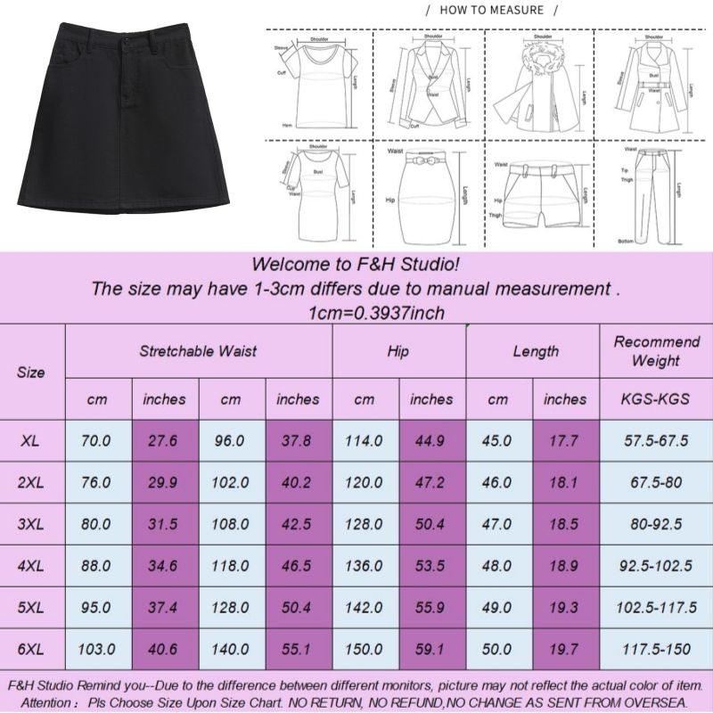 F&H 3681 XL-6XL Elastic Waist Plus Size Denim Skirt Black