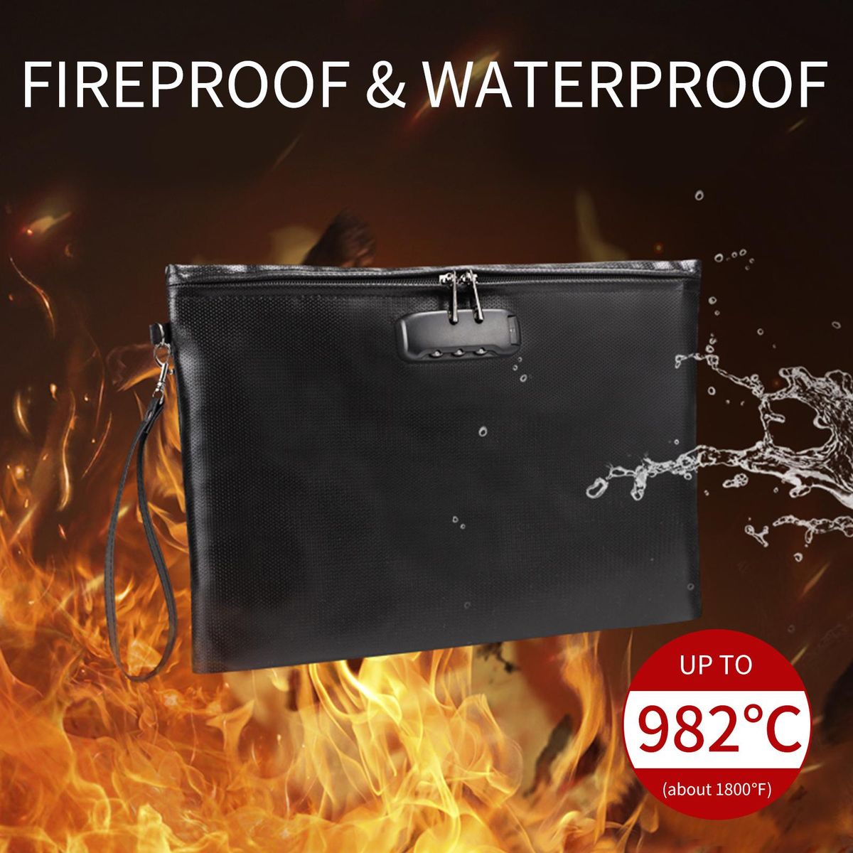 Fireproof Document Bag with Lock Money Safety Organizer Zipper Closure Storage Pouch Pocket with 10 Cards Slot for for A4 Documents File Cash Passport Certificates Home Office Travel